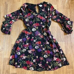 Calvin Klein Black Floral Dress with Flutter Statement Sleeves